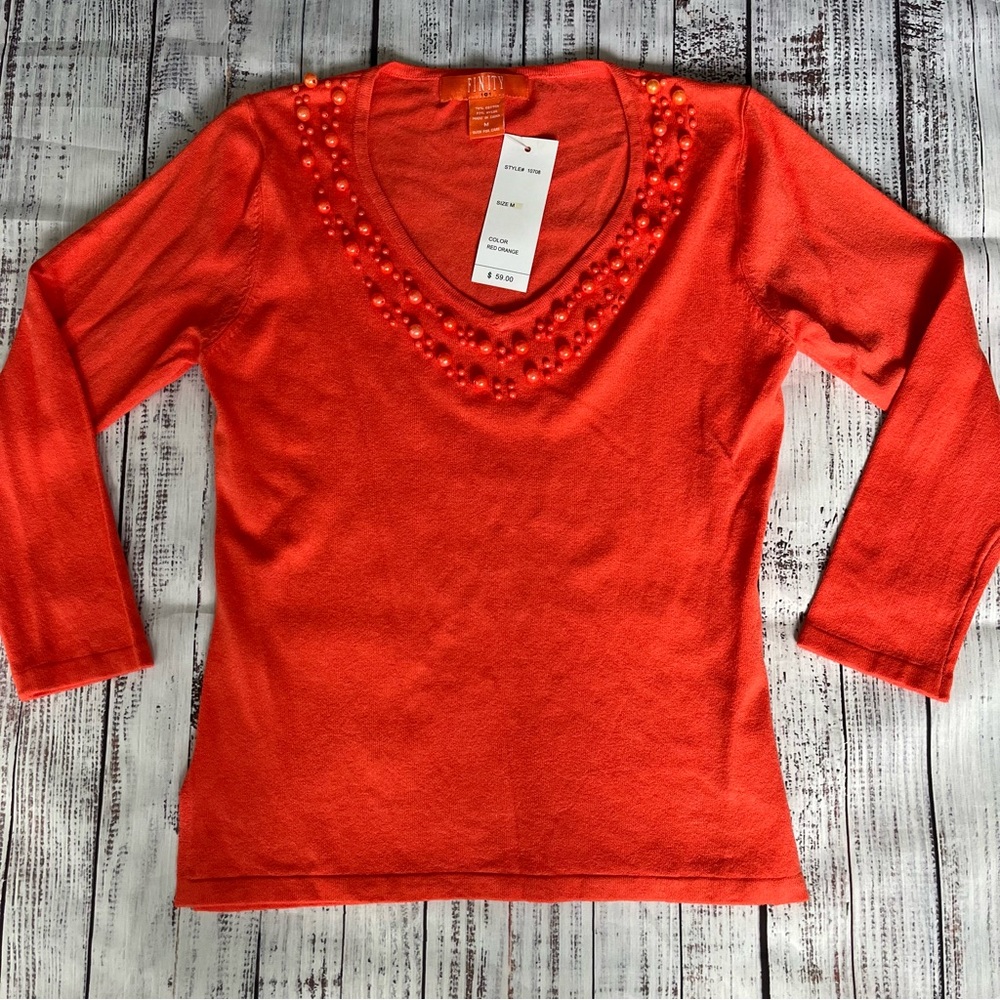 FINITY 101 Beaded 3/4 Sleeve V Neck Sweater Red/Orange Cotton Blend Size M NWT
